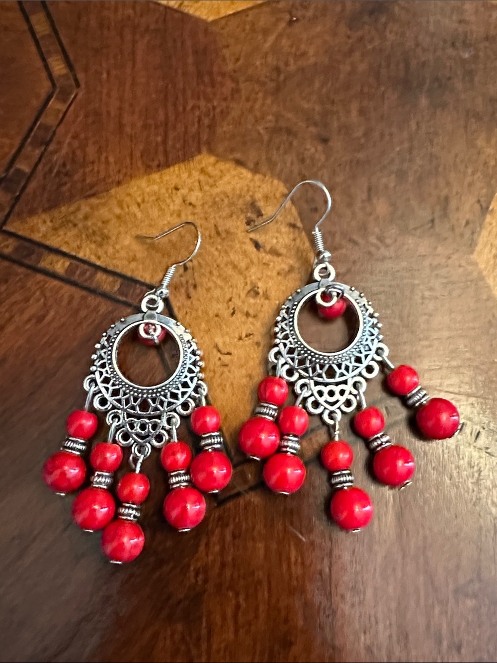 Red Beaded Filigree Drop Earrings - Women Jewelry - Picture 3 of 5